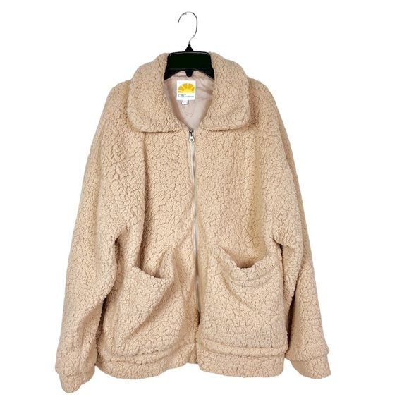 C&C California Tan Sherpa Teddy Coat Dual Pocket Zip Front Long Sleeve Jacket L - Picture 1 of 7